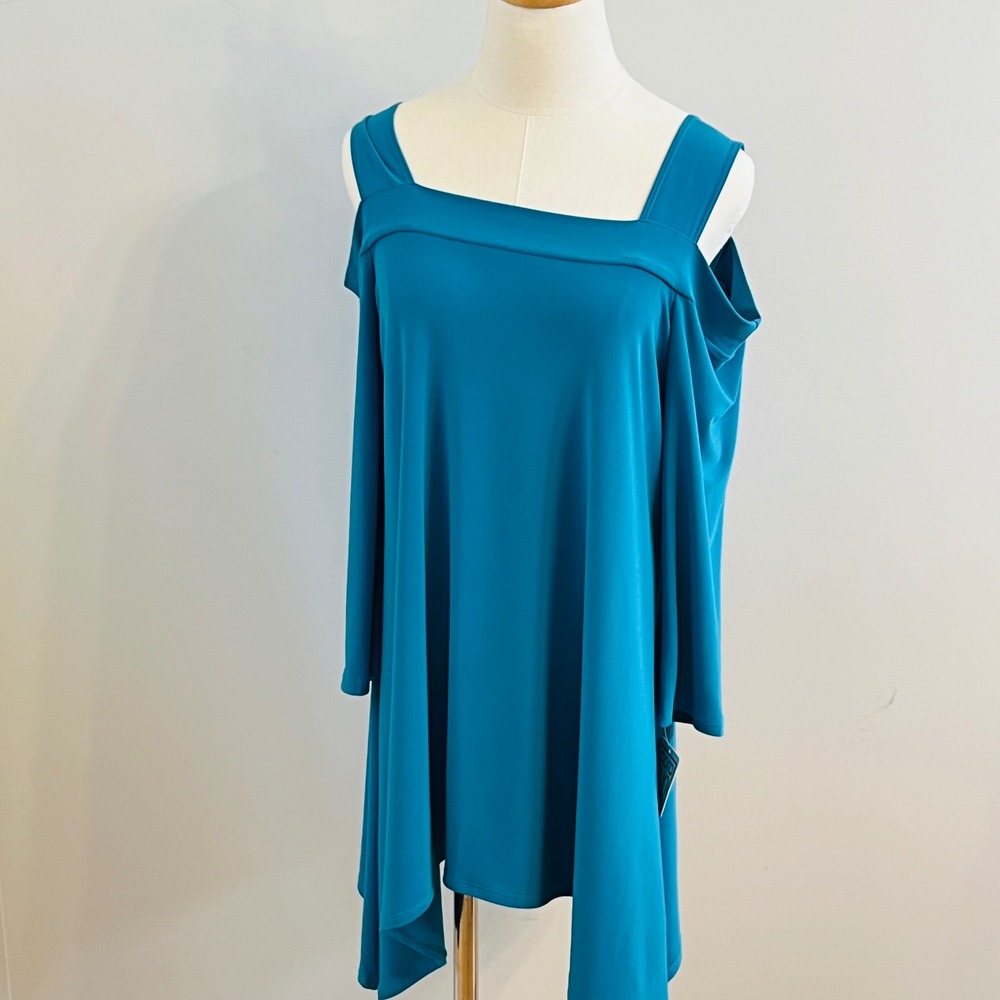 Clara Sunwoo Teal Cold Shoulder Tunic Top Liquid Jersey T-101 Blue Womens Medium